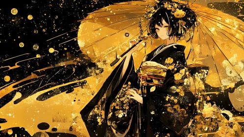 Digital illustration depicts kimono figure with parasol