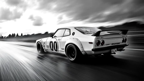 Monochrome track capture of retro Nissan race coupe in motion.