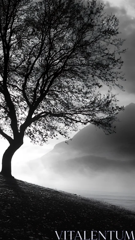 Monochrome hillside tree silhouette against misted mountains.