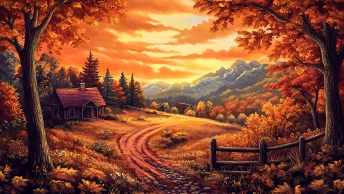 Autumn mountain cabin glows under a sweeping golden sunset sky