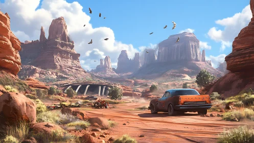 Rusty car drives through wide desert canyon under blue sky
