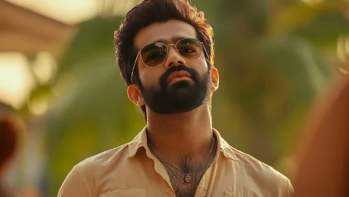 Photorealistic portrait in warm backlit outdoor composition.