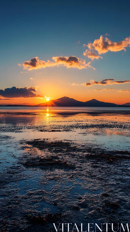 Coastal shoreline with sunset behind distant mountain range.