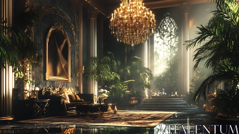 Luxurious neoclassical hall integrates lush foliage and chandeliers