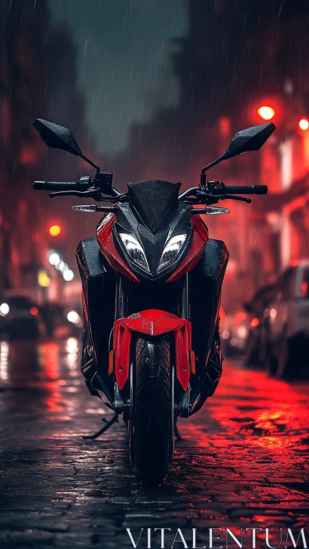 Sport motorcycle stands in neon lit rainy city street