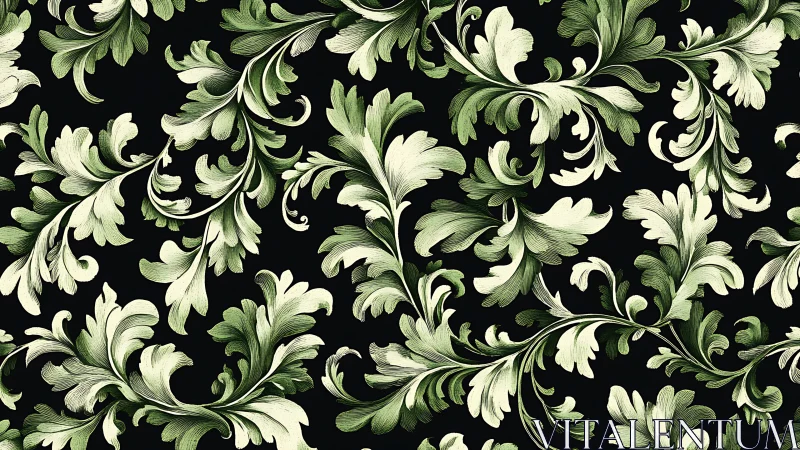 Ornamental green foliage pattern on uniform black background.