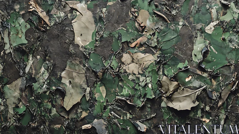 Weathered leaves and peeling paint form an earthy abstract story