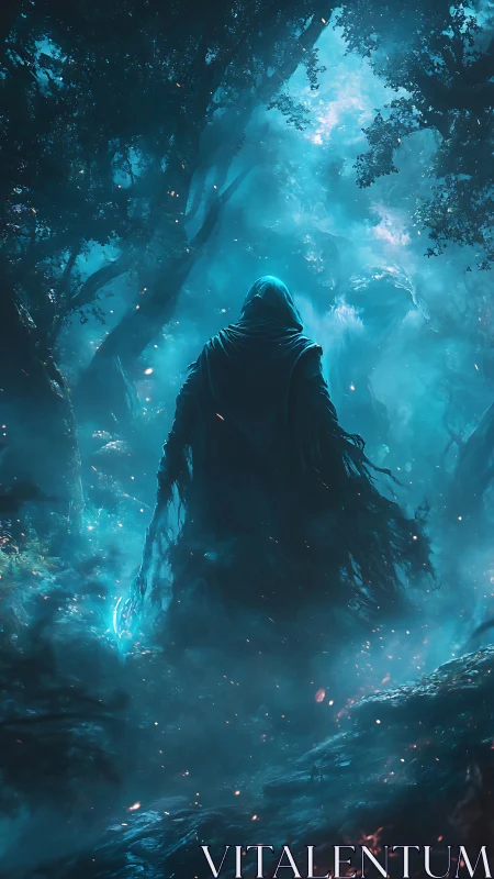 Hooded spectral wanderer in bioluminescent misted forest.