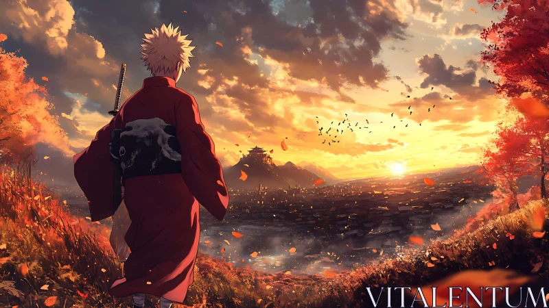 Figure in red kimono observes valley landscape at sunset