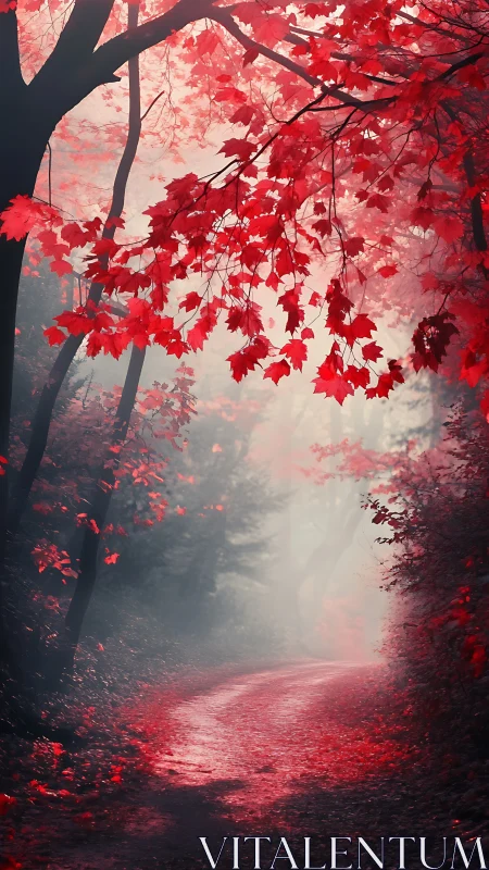 Red Maple Forest Path in Autumn Mist.