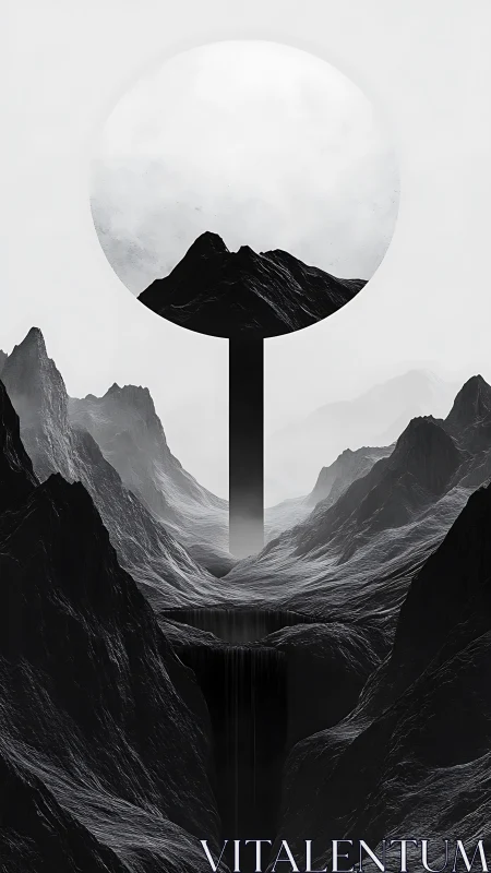 Monochrome mountain monolith beneath suspended circle portal.