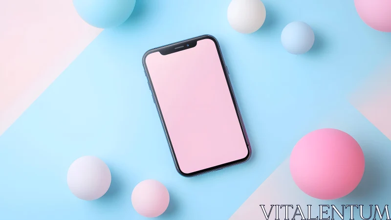 Smartphone lies on pastel blue surface with soft spheres