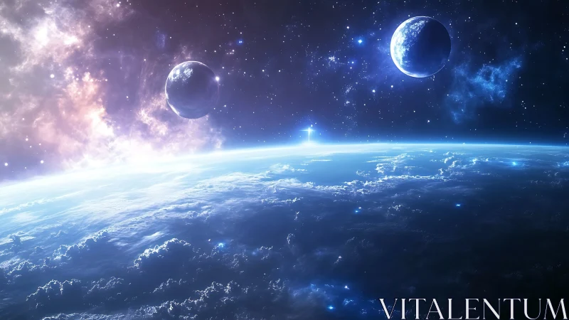 Starlit blue horizon cradles twin moons in cosmic hush.