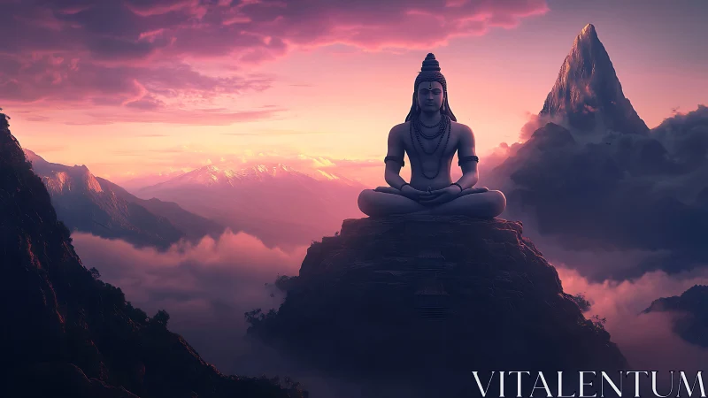 Shiva statue seated on mountain plateau amid clouds at dusk.