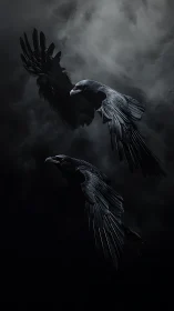 Two black ravens in mid flight against dark storm clouds.