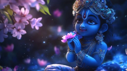 Divine blue child deity holds glowing lotus under blossoms