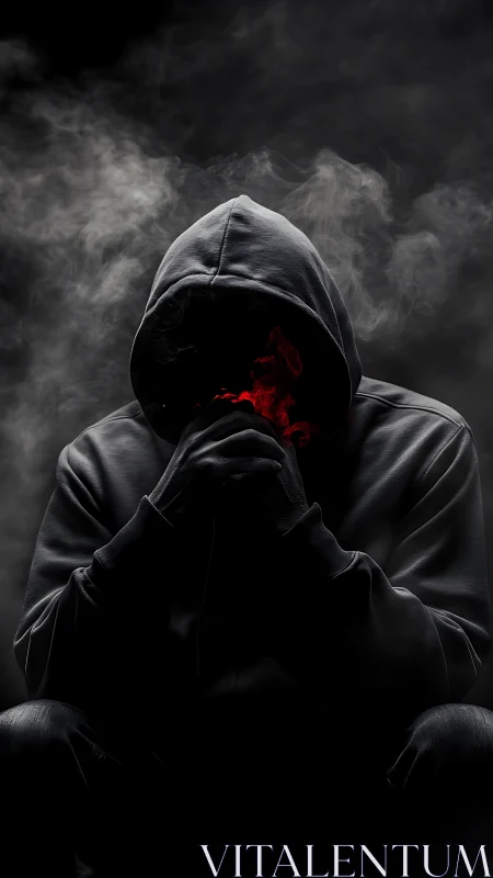 Hooded figure in smoke with red glow obscuring facial area.