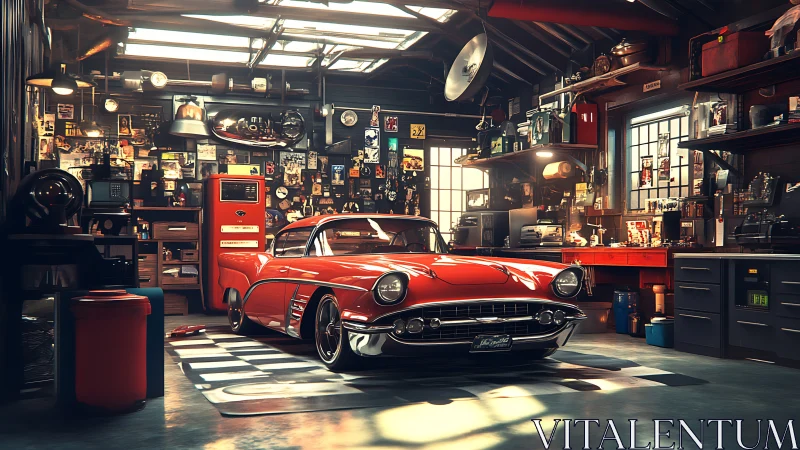 Gleaming red classic car rests proudly in a cozy vintage garage