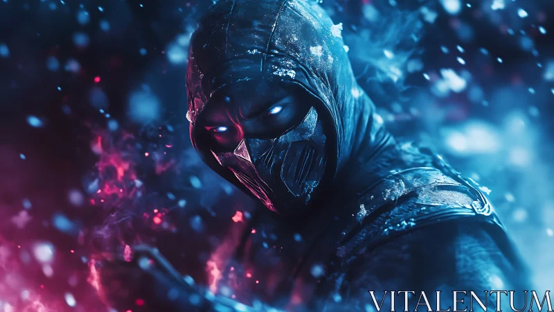 Masked cyber ninja in glowing blue and pink storm.