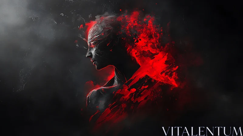 Silhouetted figure dissolves into red abstract energy cloud.