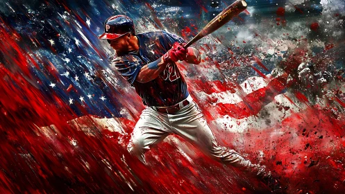 Baseball hitter swings bat over abstract American flag background