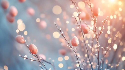 Defocused frosted eggs on twigs under warm diffuse backlight