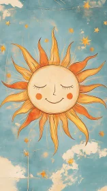 Smiling vintage sun floats serenely in a dreamy sky