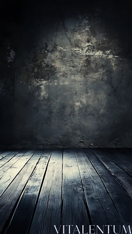 Moody wooden floor and worn wall invite quiet reflection.