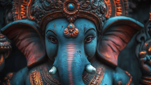 Radiant blue Ganesha statue glows with calm, gentle warmth