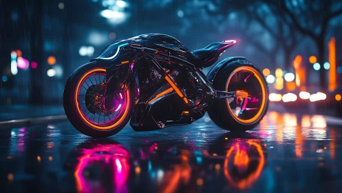 Futuristic neon motorcycle on wet city street at night.