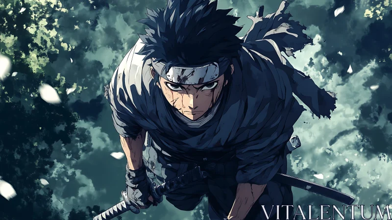 Battle-worn ninja locks gaze amid swirling forest petals.