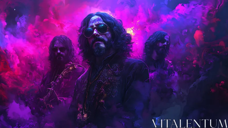 Psychedelic rock portrait in neon magenta and electric violet fog.