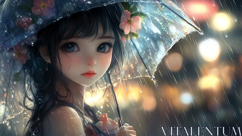 Anime rain portrait with floral umbrella and city lights.