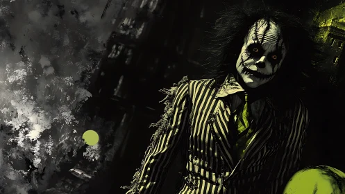 Striped suit figure with skeletal face in dark urban setting.