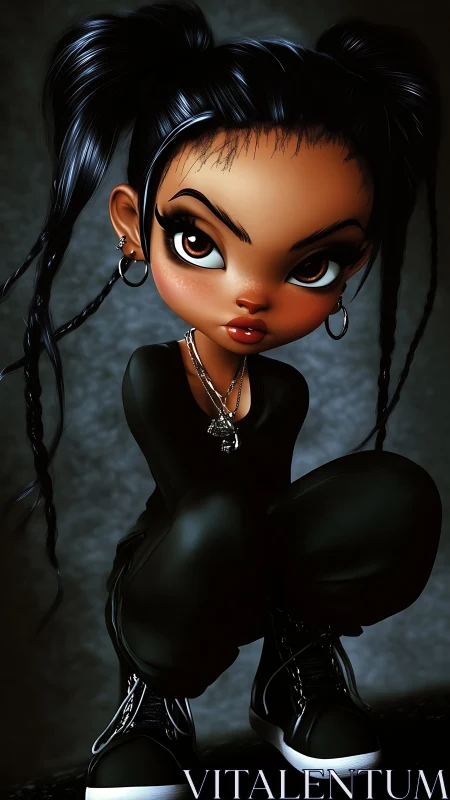 Stylized 3D goth girl in crouched pose with high specular detail.