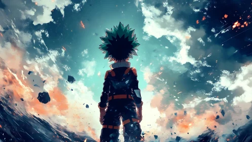 Storm-lit hero stands between chaos and rising hope.