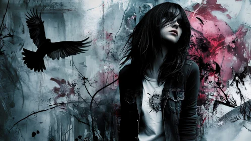 Brooding goth girl stands before wild crow and ink storm