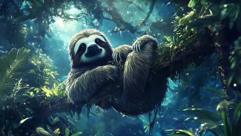 Bioluminescent jungle sloth rendered in luminous digital detail.