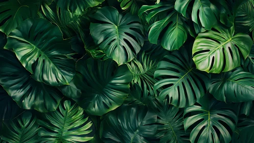 Monstera jungle canopy with layered tropical green foliage.
