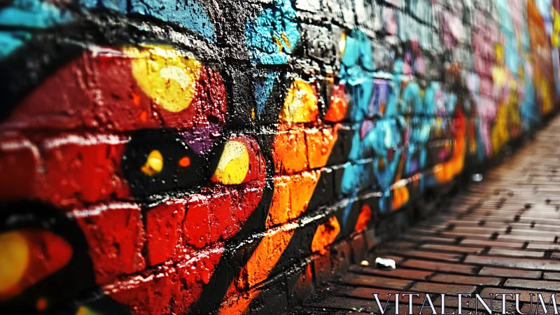 Neon whispers on a rain-slick brick graffiti corridor wall.