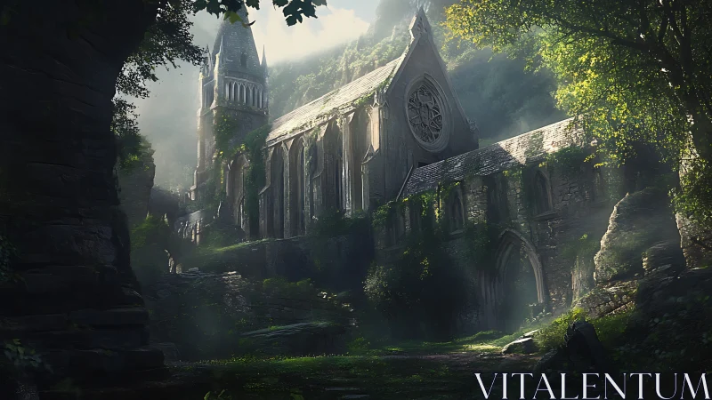 Sunlit ruins of a forgotten cathedral emerge from misty woods