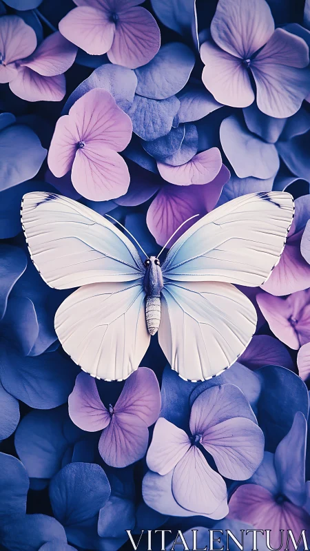 White butterfly centered on violet and blue hydrangea petals.