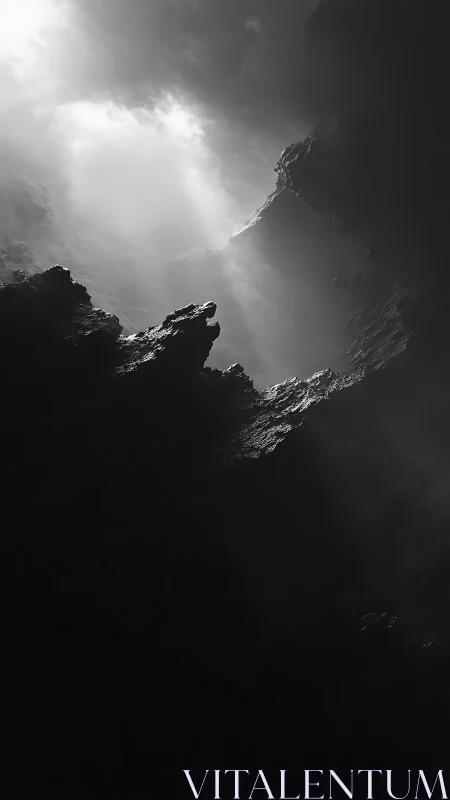 Monochrome cavern shaft with dramatic light beams overhead.