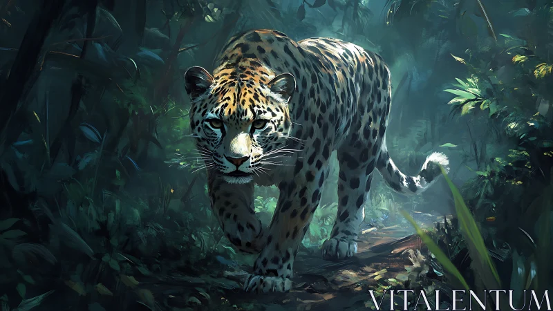 Leopard stalking through misty jungle vegetation with intense gaze
