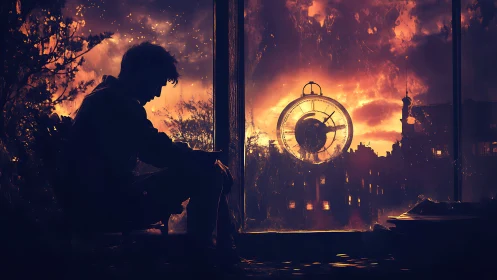 Silhouetted dreamer watching a burning sunset clock sky.