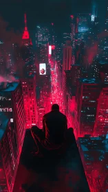 Lone rooftop watcher surveys neon-drenched cyberpunk cityscape.