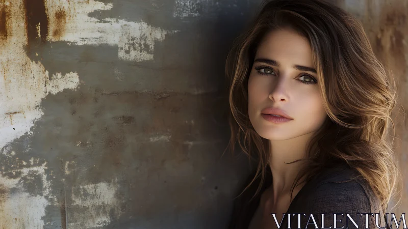 Woman gazes softly beside weathered rusted metal wall