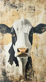 Front-facing cow portrait is rendered on distressed surface