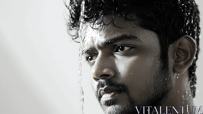 Hydrodynamic portrait study with directional rim lighting detail.