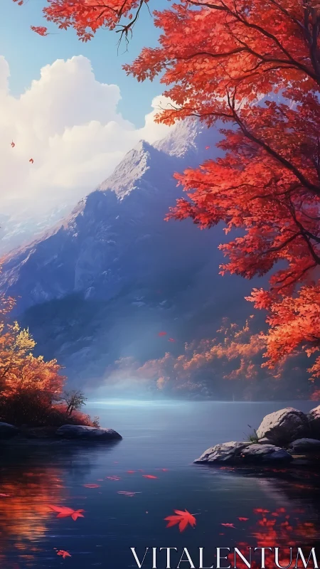 Mountain lake reflects vivid red autumn forest at sunrise